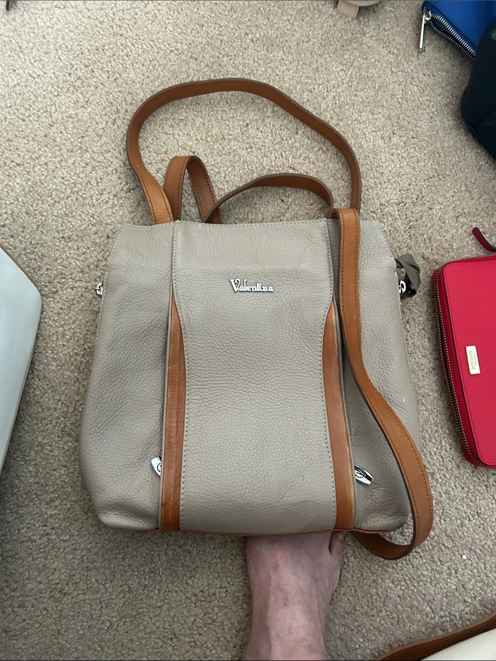 Valentina Taupe and Tan Leather Crossbody Shoulder Bag